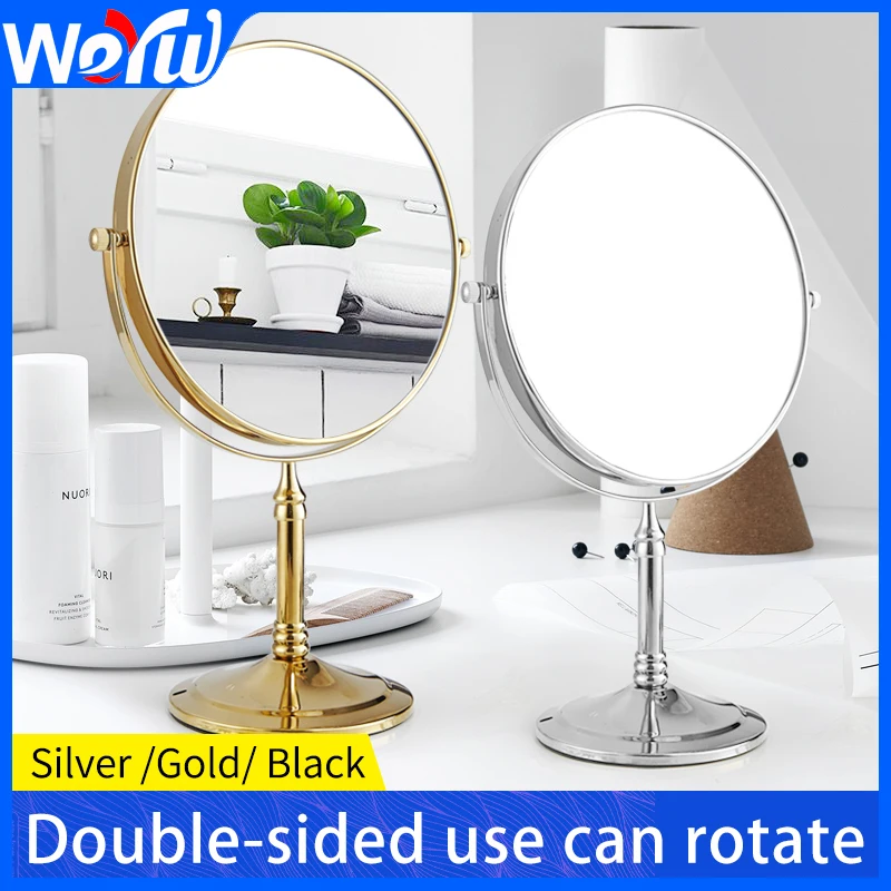 Stainless Steel Bathroom Makeup Mirror Double Face Dressing Mirror Rotating Portable Cosmetic Silver Round Magnified Mirrors