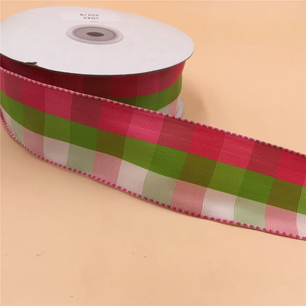 

38MM 25yards Wired Edge Pink And Green Plaid Ribbons for Festival Christmas Decoration New Year Gift wrapping