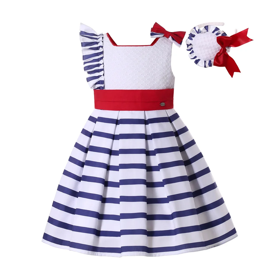 Pettigirl New Summer Children Kids Girls White Elegant Vintage Birthday Stripe Cotton Dresses Clothing Boutique Age 2 7 8 12 14y