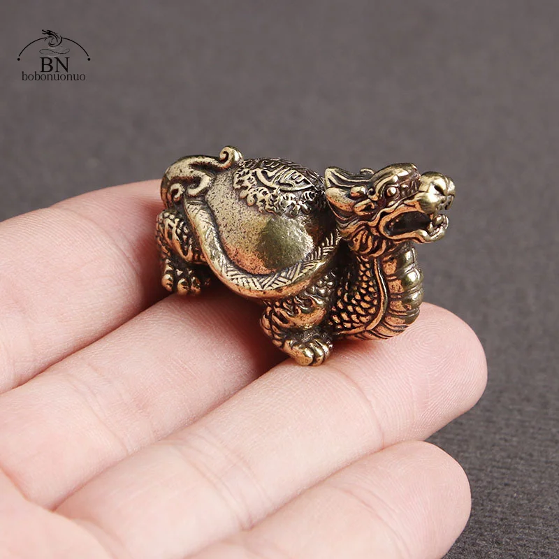 Retro Brass Mythical Beast Dragon Head Turtle Body Figurines Miniatures Heavy Copper Lucky Animal Statue Desktop Ornament Decors