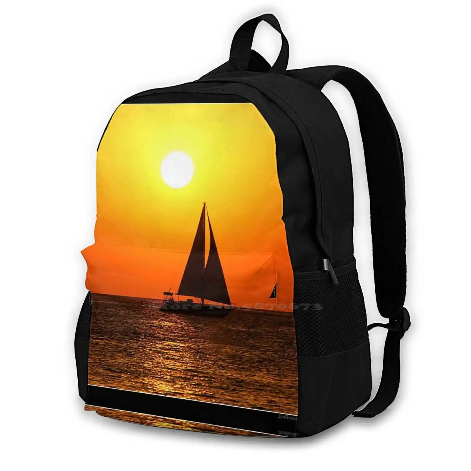 Sunset@Café 1 Large Capacity School Backpack Laptop Bags Spain Ibiza San Antonio Café Sunset Boat Silhouette Orange