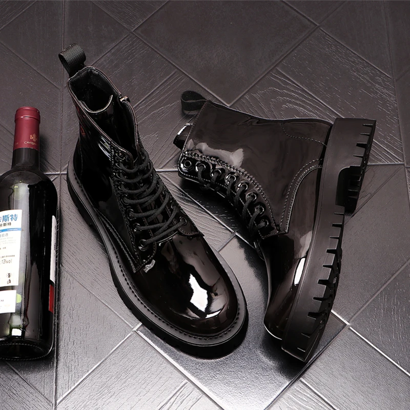 

men's luxury fashion punk nightclub dress motorcycle boots vintage patent leather shoes handsome platform boot high top botas