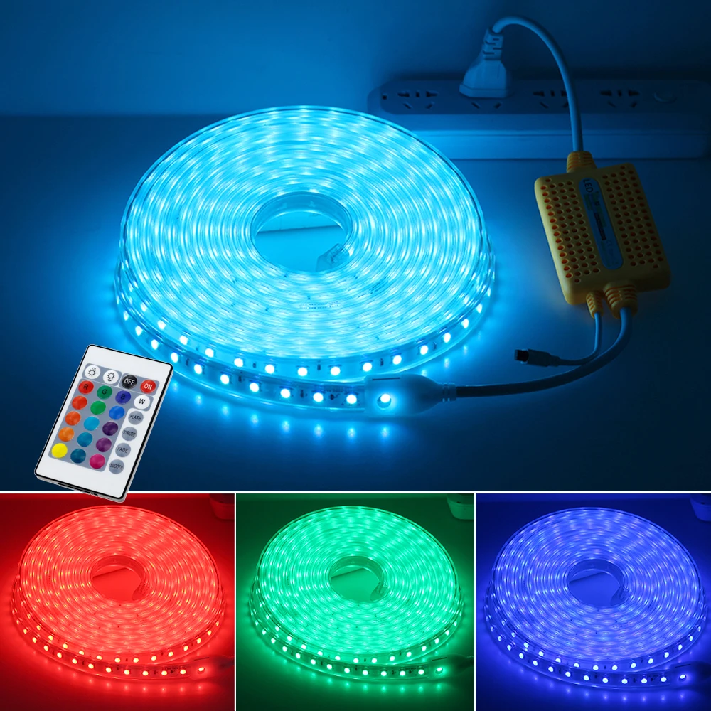 220V RGB LED Strip SMD5050 with IR Remote Controller IP67 Waterproof Outdoor Use Flexible LED Light Strip RGB 1m - 15m Set