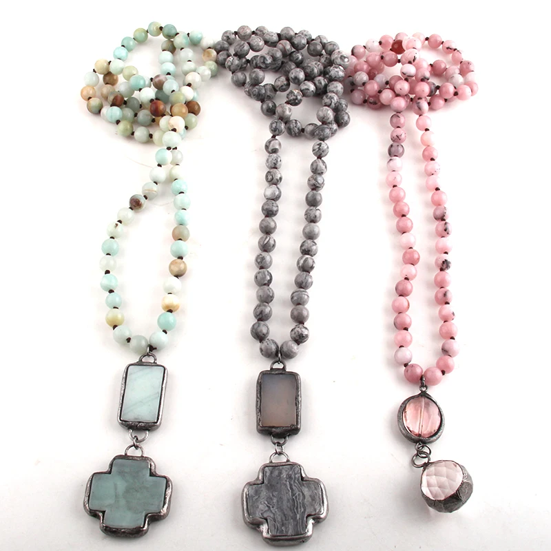 RH Fashion Beaded Jewelry Stone Bead Long Knotted Cross Pendant Necklaces For Women