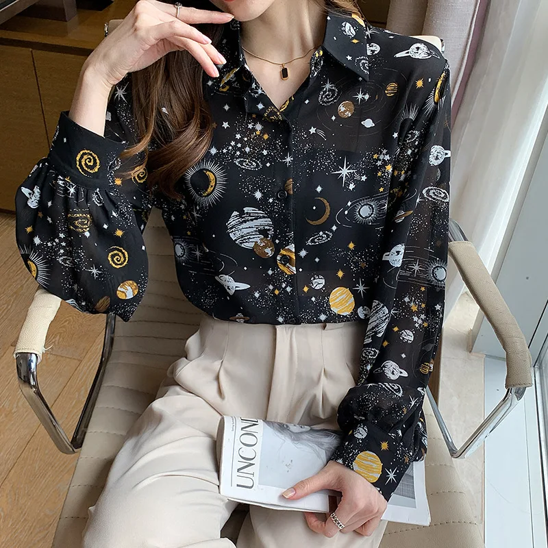 Autumn 2024 New Women\'s Lolita Style Printed Long Sleeve Shirt Fashion Thin Satin Girl\'s Top Star Sky Pattern Lantern Sleeve