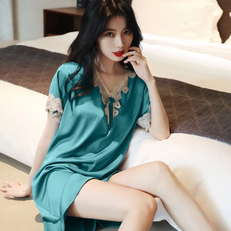 Green V-neck Sleep Dress Women Lace Trim Nightgown Summer Satin Sleepwear Short Sleeve Nightdress Female Loose Home Dress