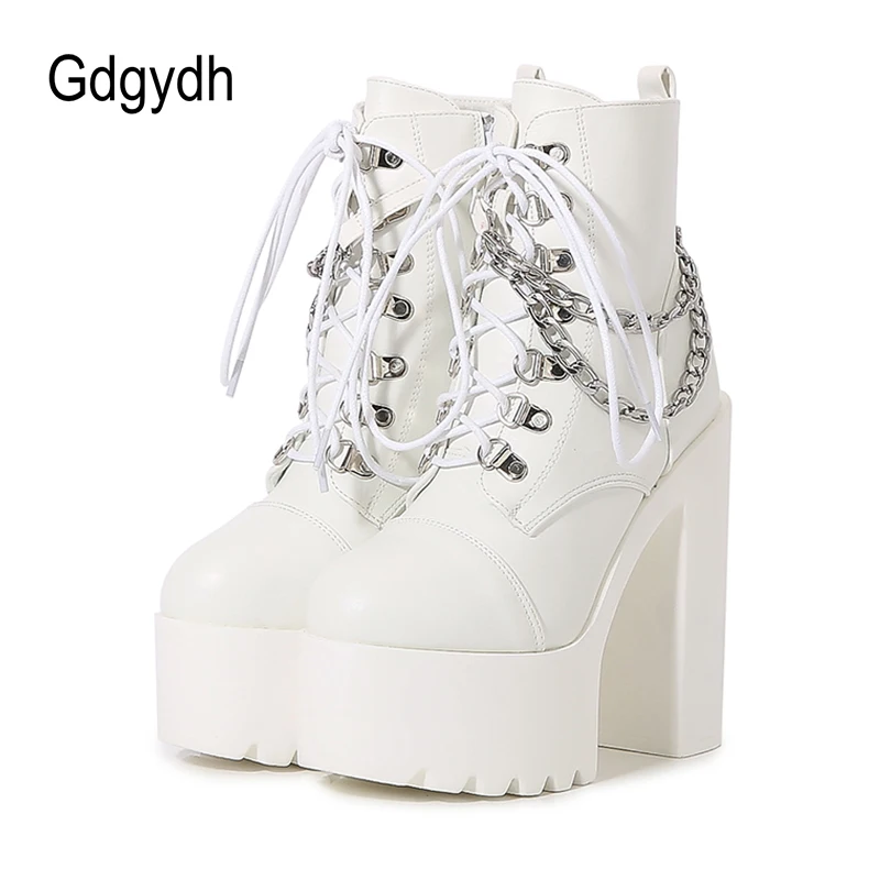 Gdgydh Winter Shoes Women Super Thick Bottom High-heeled Nightclub Boots With Chain Warm Thick Boot Rubber Sole White Goth Punk