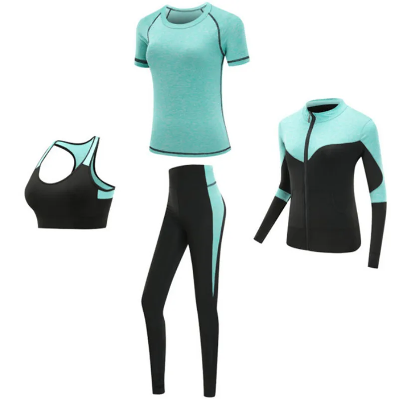 Quick dry women sportswear yoga set fitness gym yoga clothing suit sets coat+bra+t shirt+leggings 2019 workout running training