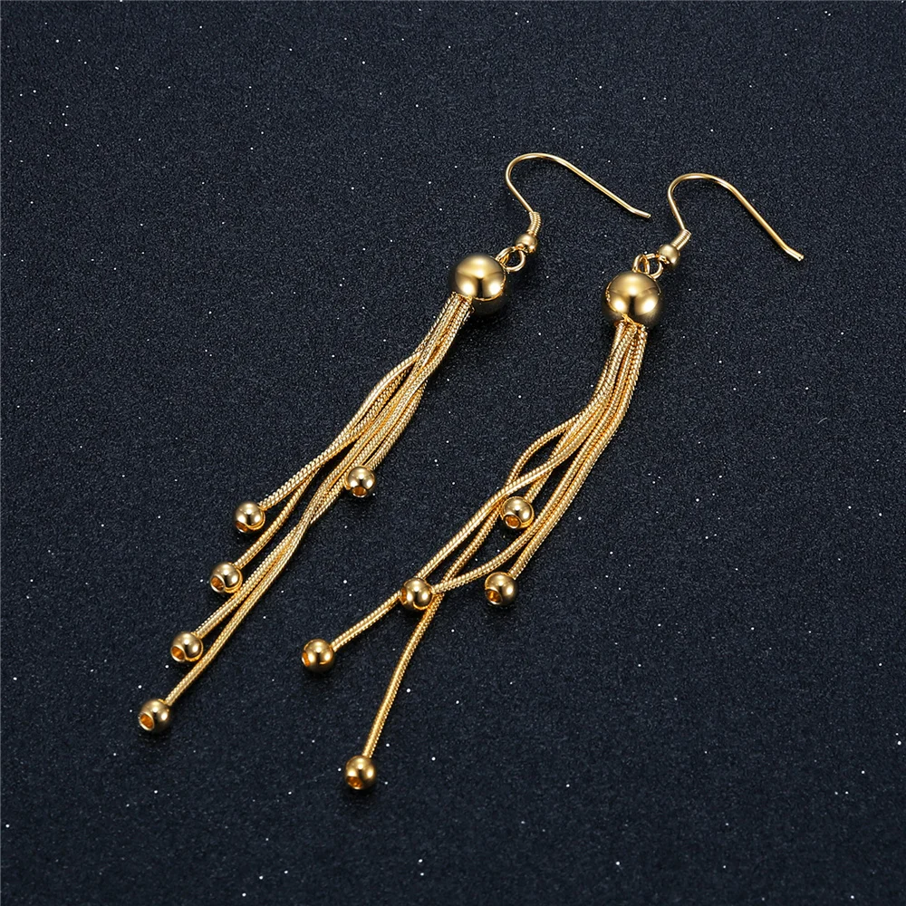 Vintage Gold Color Bar Long Thread Tassel Drop Earrings for Women Ball Geometric Korean Fashion Jewelry