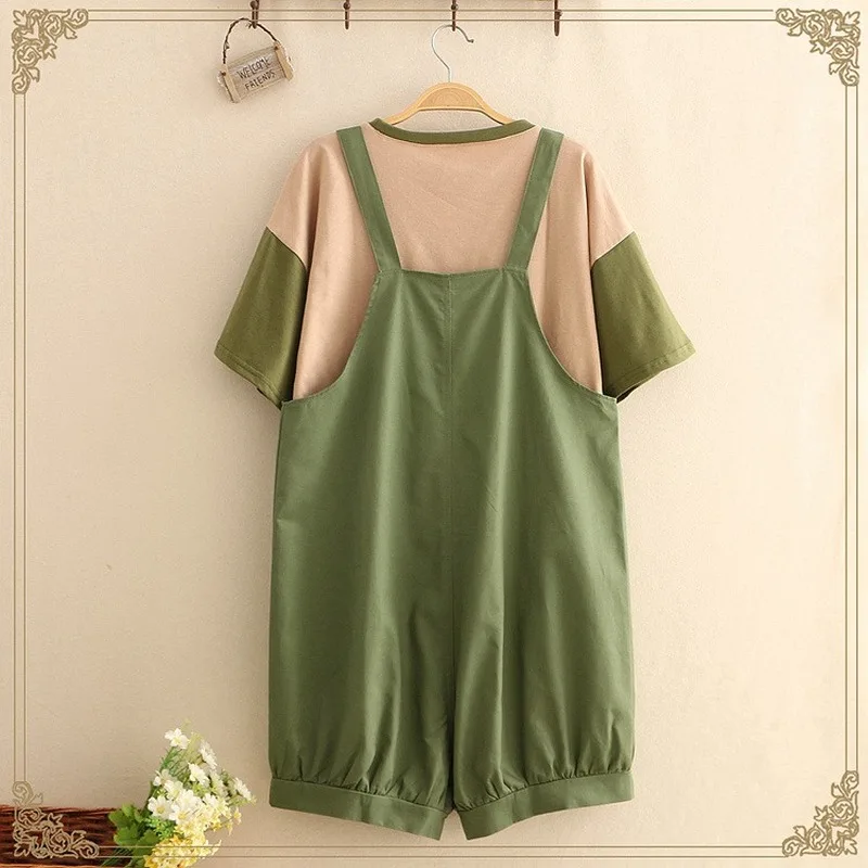 Summer Kawaii Women Rompers and Jumpsuit Japanese Mori Girl Cute Cat Embroidery Shorts T Shirt Green Casual Overalls 2 Piece Set