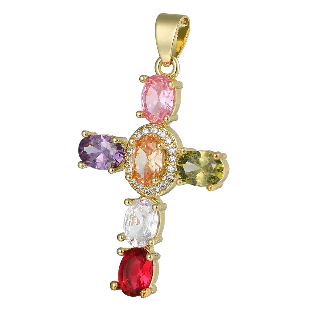 Juya Handmade 18K Real Gold Plated Cubic Zirconia Christian Cross Charms For Christmas Religious Rosary Pendant Jewerly Making