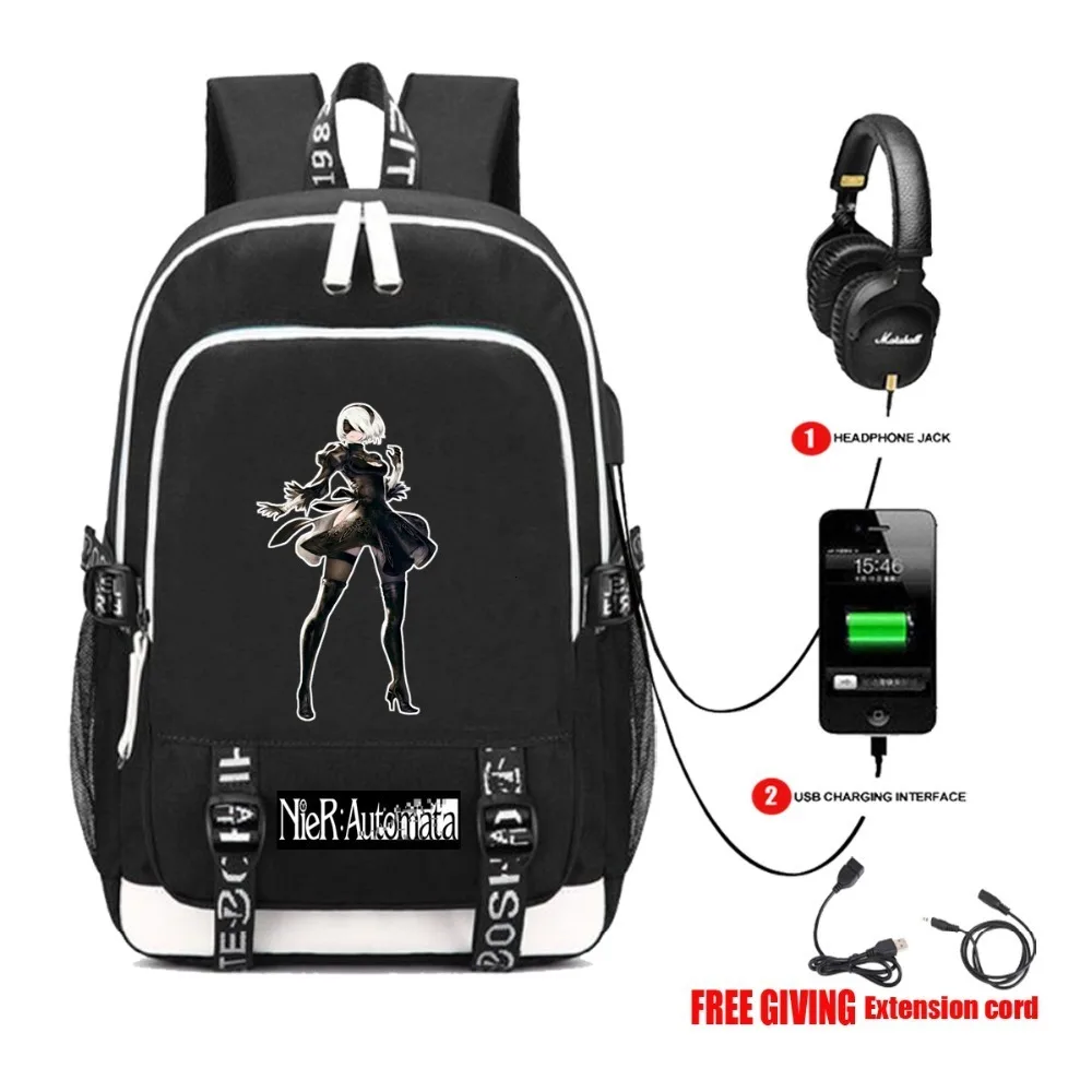 USB شحن سماعة جاك الطلاب bookbag الرجال حقيبة كتفية للسفر على ظهره لعبة NieR: autoata YoRHa 2B ظهره 4 style