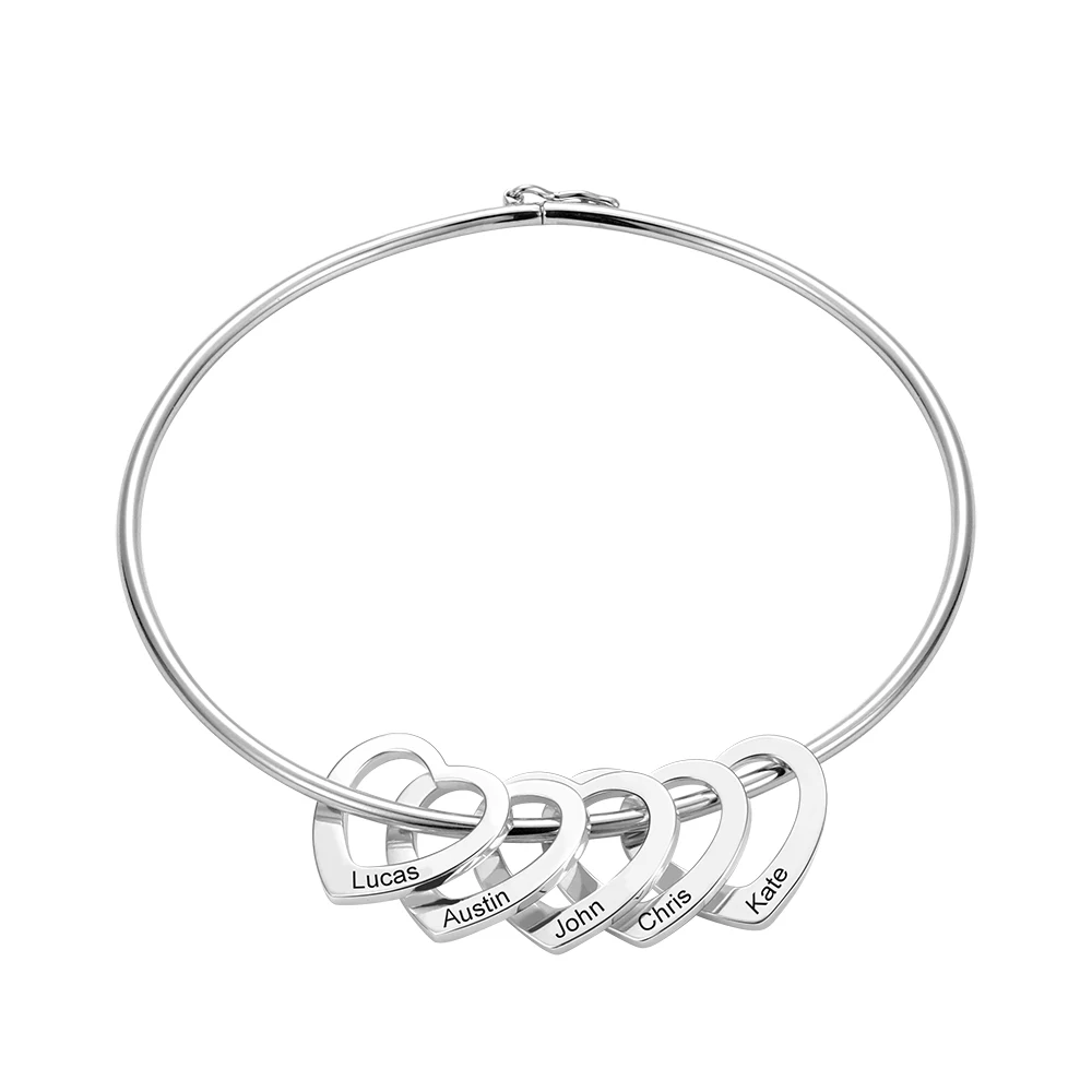 Amxiu Personalized 925 Sterling Silver Bangle Heart Pendants Bangles Custom Name Bracelet Bangles for Women Engrave Name Jewelry