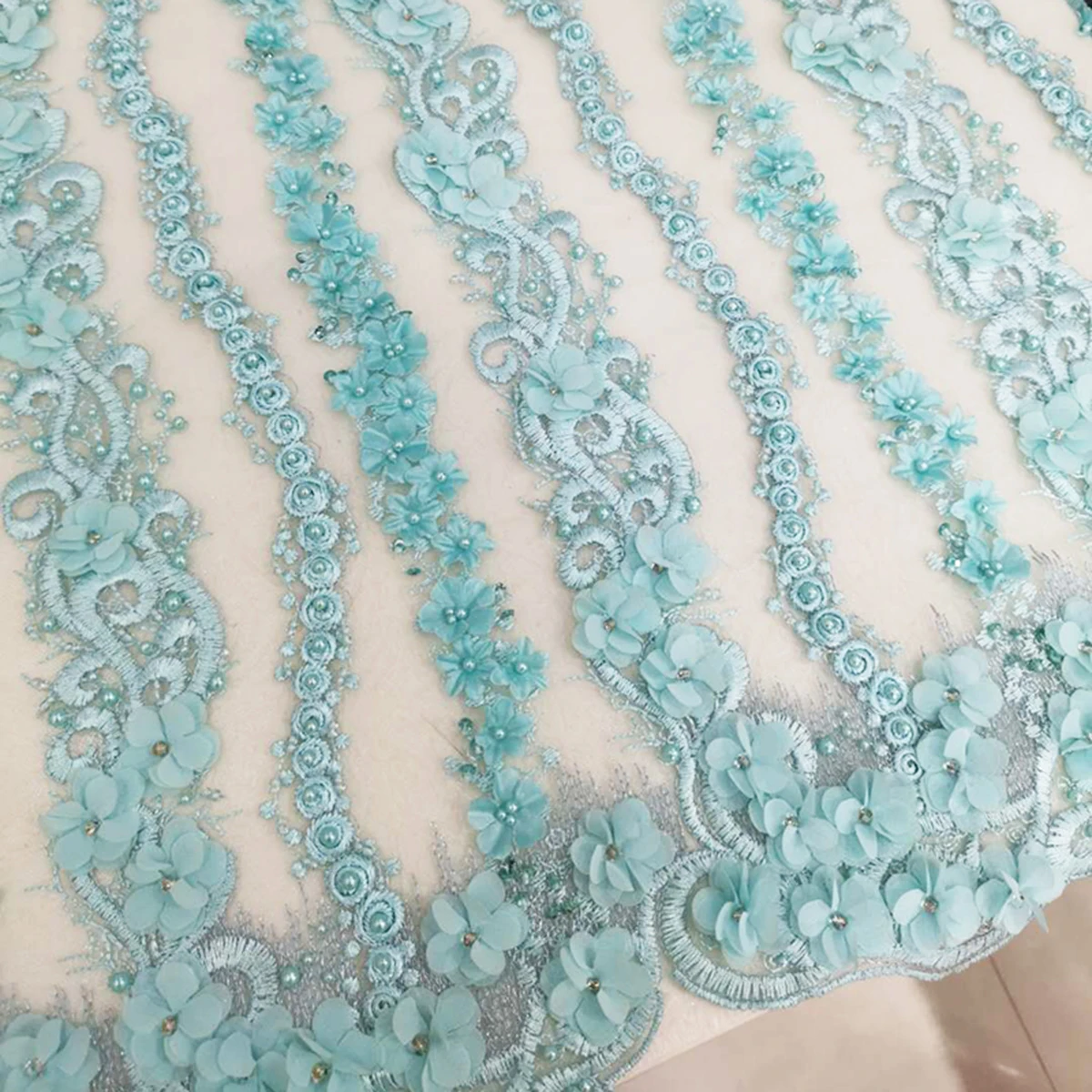 Nice Design Cute Sky Blue Handmade Beaded Lace Fabric Wedding 3D Flowers Embroidered For Wedding Party Dress Ladies Good Quality