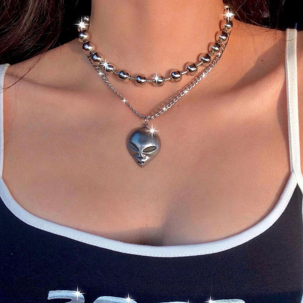 Vintage Alien Head Pendant Necklaces For Women Female 2021 Fashion Multilevel Silver Color Large Metal Bead Chain Collar Jewelry