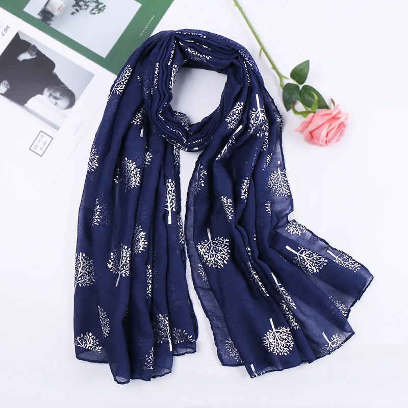 Luxury Designer Silver Tree TR Cotton Scarf Hijab Shimmer Glitter Scarves Women Muslim Hijab Headscarf Navy Blue Scarf 180*90cm