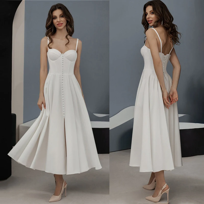 

Tea Length Satin Wedding Dress Custom Made Drop Ship Buttons High Slit Lace Up Plus Size Simple Cheap Sweetheart Bridal Gowns