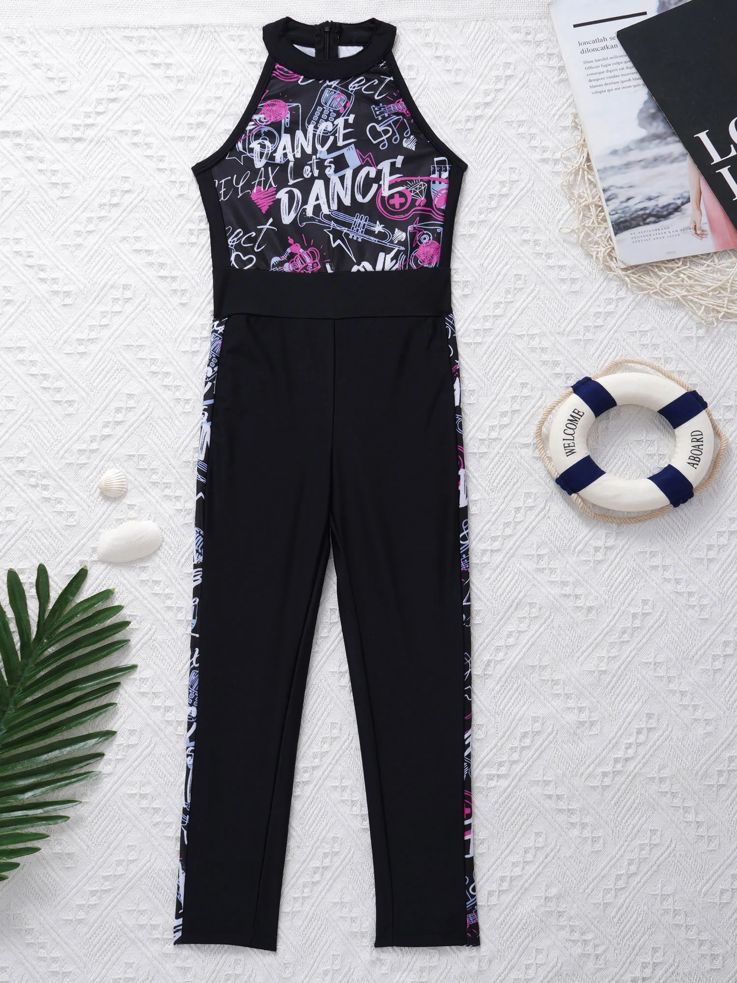 Macacão esportivo para danças crianças e meninas, roupa esportiva elástica de yoga para dança, sem mangas, zíper escondido, calças de cintura alta, body