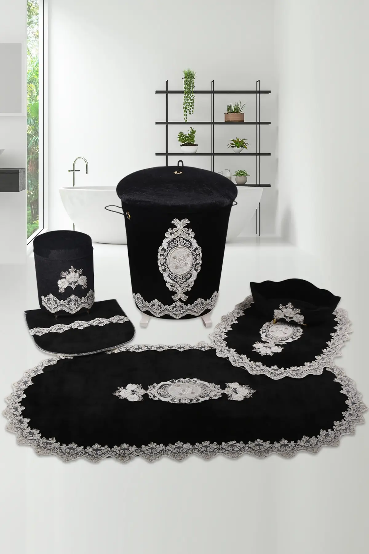 Black 6 Piece Lacy Bathroom Dirty Laundry Basket Set Bath Mat Set