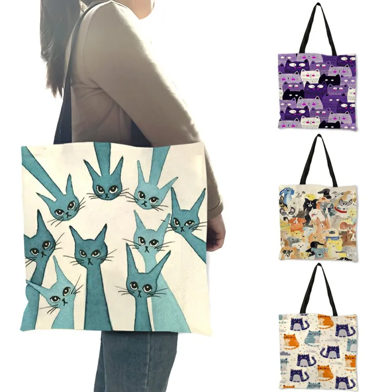 

Ladies Girls Casual Portable Fashion Handbag Colorful Cartoon Cute Cat Kitten Printing Design Shoulder Bag Eco Linen Daily Totes