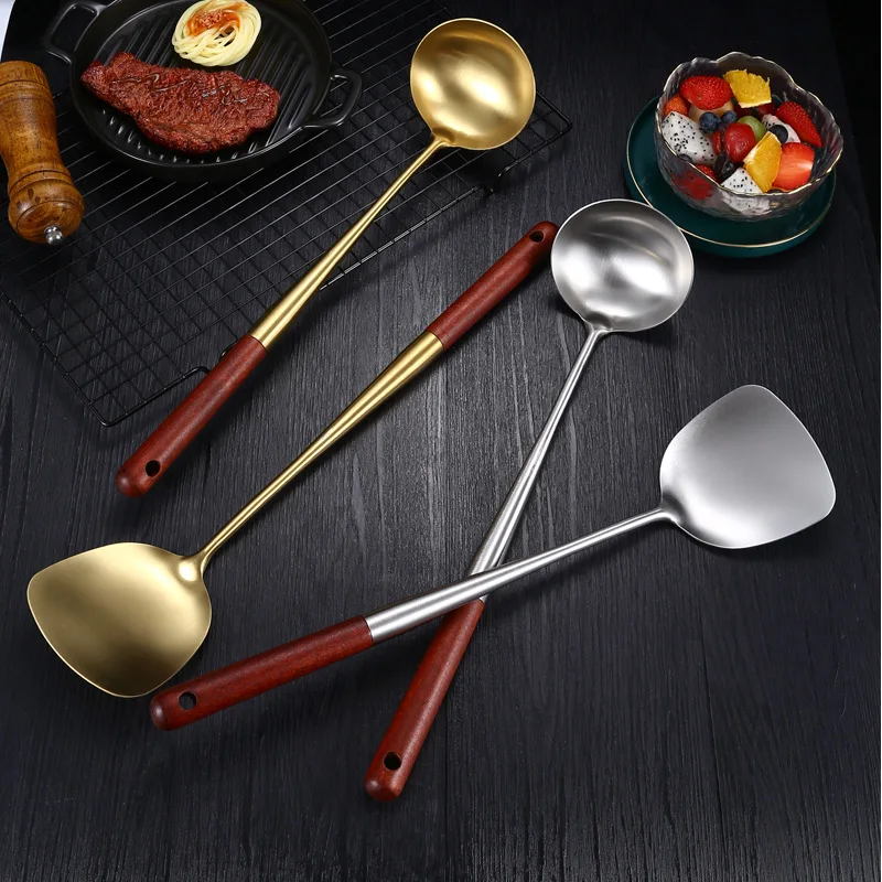 Jaswehome Stainless Steel Wok Utensils Long Wooden Handle Wok Spatula with Spatula Spoon Soup Spoon Ladle Household Kitchen Tool