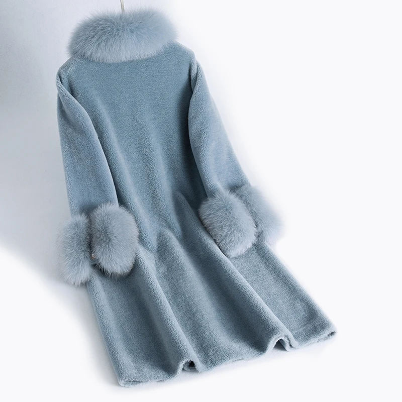 

Sheep Real Fur Coat Shearing Long Winter Coat Women Clothes 2023 Wool Jacket Real Fox Fur Collar Abrigos Mujer KJ1033