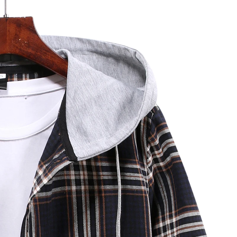 Korean Streetwear Hooded Oversize Shirts Men Women Casual Plaid Printed Long Sleeve Shirt Fashion Hip Hop Workwear Chemise Homme