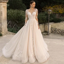 Ramanda-Robe de Mariée en Tulle et Dentelle Style Boho, Vêtement de Princesse Champagne, Ligne A, Col en V, Manches sulf, avec lèvent, Dos aux, pour Patients