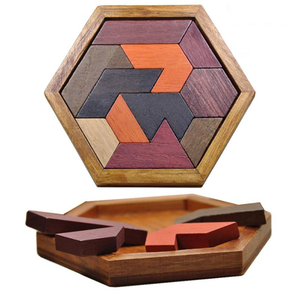 Colourful Hexagonal Wooden Jigsaw Puzzles Board Montessori Toy Geometric Puzzle Game Educational Intelligence Toy for Kids Adult