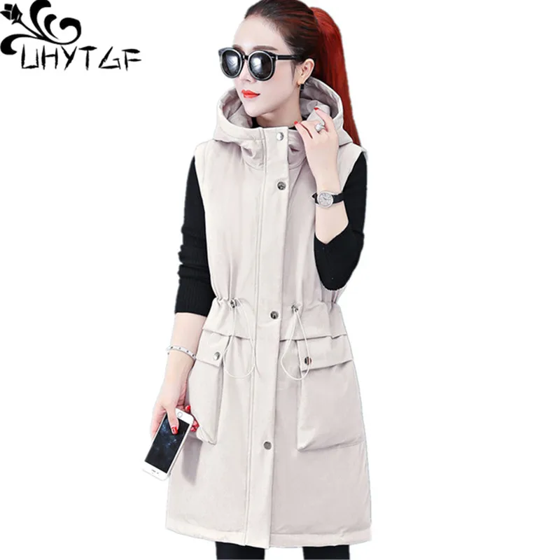 

UHYTGF Womens Autumn Winter Vest Jacket Down jacket Casual Warm Parker Coat Pure color wild Hooded Big size Vest Waistcoat 1066