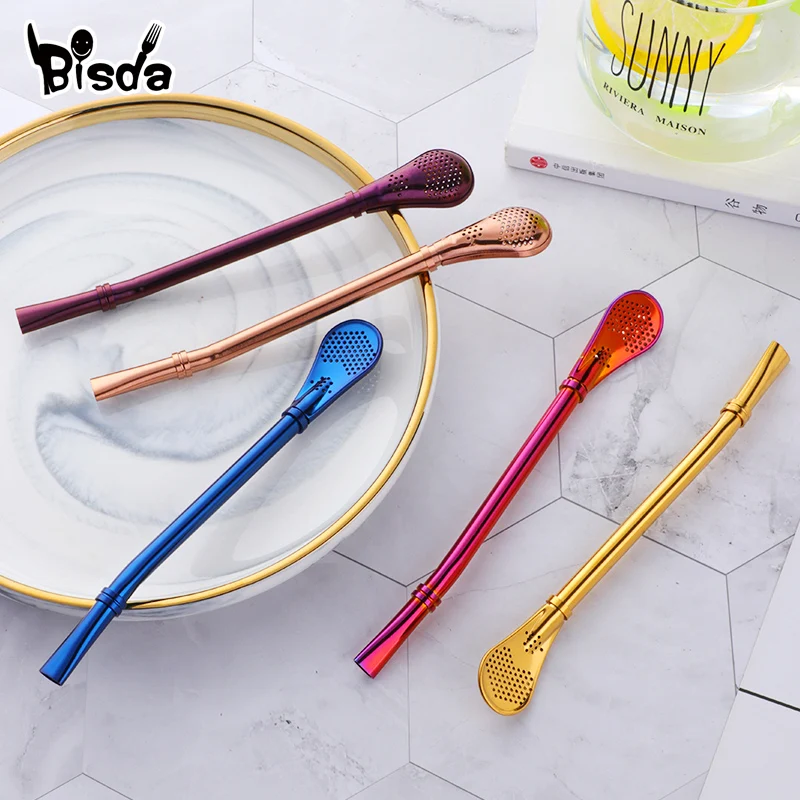 2Pcs Filter Straw Spoon Eco-Friendly Stainless Steel Drinking Straws Tea Strainer Cocktail Shaker Coffee Bar Filtered Spoons