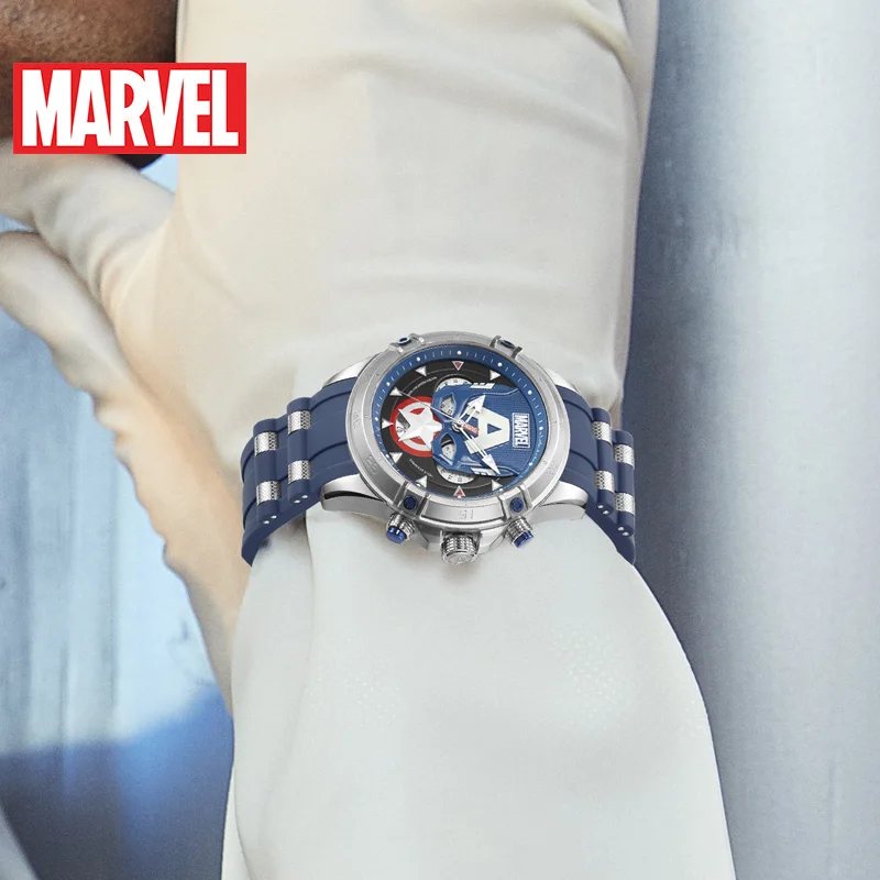 Marvel For Mens Watches Avengers Captain America Quartz New Casual Wristwatch 3D Stereo Dial Coated Glass Multiple Time Zone 50m