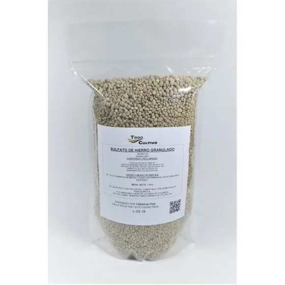 Granulated iron sulphate, 1 Kilo, background fertilizer used to treat ferric or yellowish chlorosis of plants, iron sulphate in addition to lowering pH, provides iron input