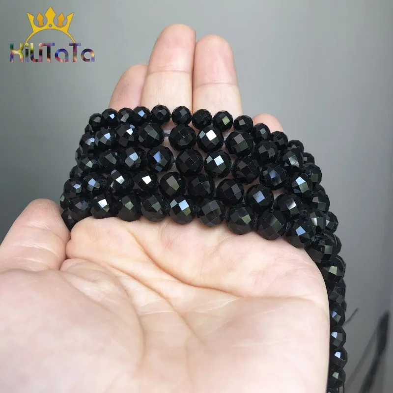 Natural Faceted Stone Black Tourmaline Loose Spacer Beads For Jewelry Making DIY Bracelet Earrings Accessories 6mm/8mm 7.5\'\'