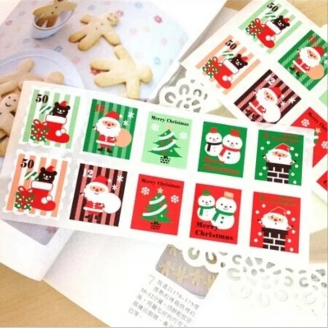 100 stks/partij Gekleurde Kerst Stempel ontwerp Kraft Seal Sticker Kraftpapier Materiaal stok DIY Multifunctionele cadeau sticker