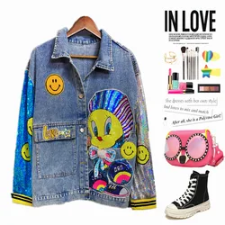 Oversize Denim Jacket Women Sequins Long Sleeve Spliced Coat Cartoon BF Jackets Women Outerwear Coats Loose Street Clothing NZ81