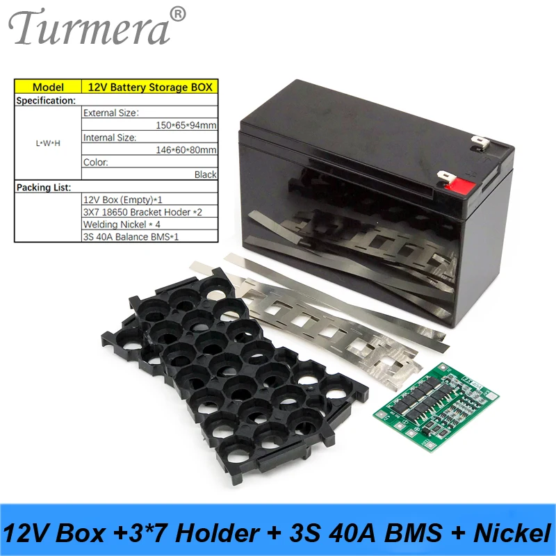 Turmera 12V 7Ah to 20Ah Battery Storage Box 3X7 18650 Holder 3S 40A BMS with Welding Nickel for Motorcycle Replace Lead-Acid Use