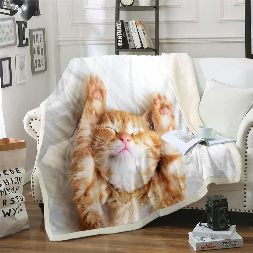 Cute Sleeping Cat 3D-printed Wool Blanket Picnic Extra Thick Fashion Sheets Cats Pet Children Kids Sherpa Throw Blankets