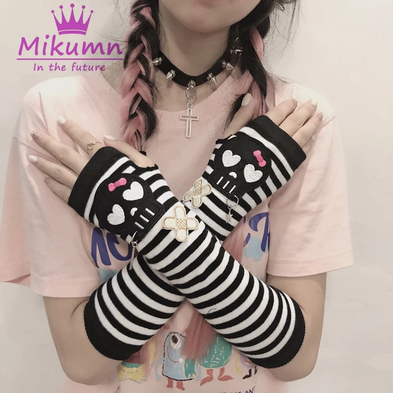 Harajuku Y2k Punk Women Long Fingerless Gloves Gothic Fashion Skull Striped Long Arm Gloves Warmer Knitted Mittens