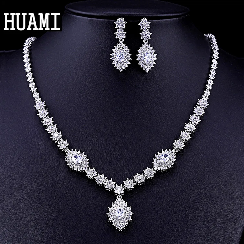 

HUAMI Classic Water Drop Earrings Pendant Necklace Sets for Women Jewelry Luxury Material Silver Color Shine Zircon Wedding