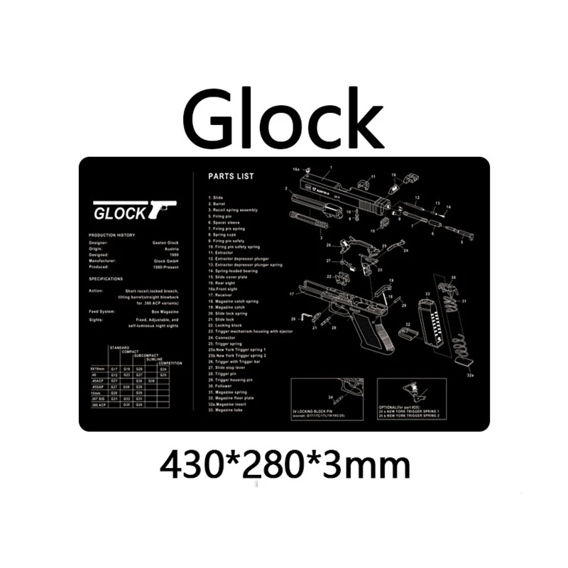 

Резиновый коврик для чистки пистолета Glock, подставка для пистолета с Armorers, список деталей