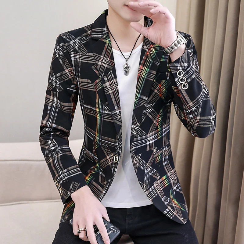 

2021 New Plaid Blazers Men Slim Fit Business Casual Suit Jacket Korean Wedding Social Office Dress Coat Streetwear Costume Homme