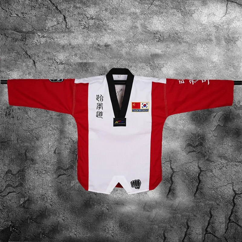 3 kolor Taekwondo Dobok V neck jednolity czarny kołnierzyk dorosłych dzieci nastolatki TKD Poomsae czerwony niebieski tae kwon do czarne ubrania WTF