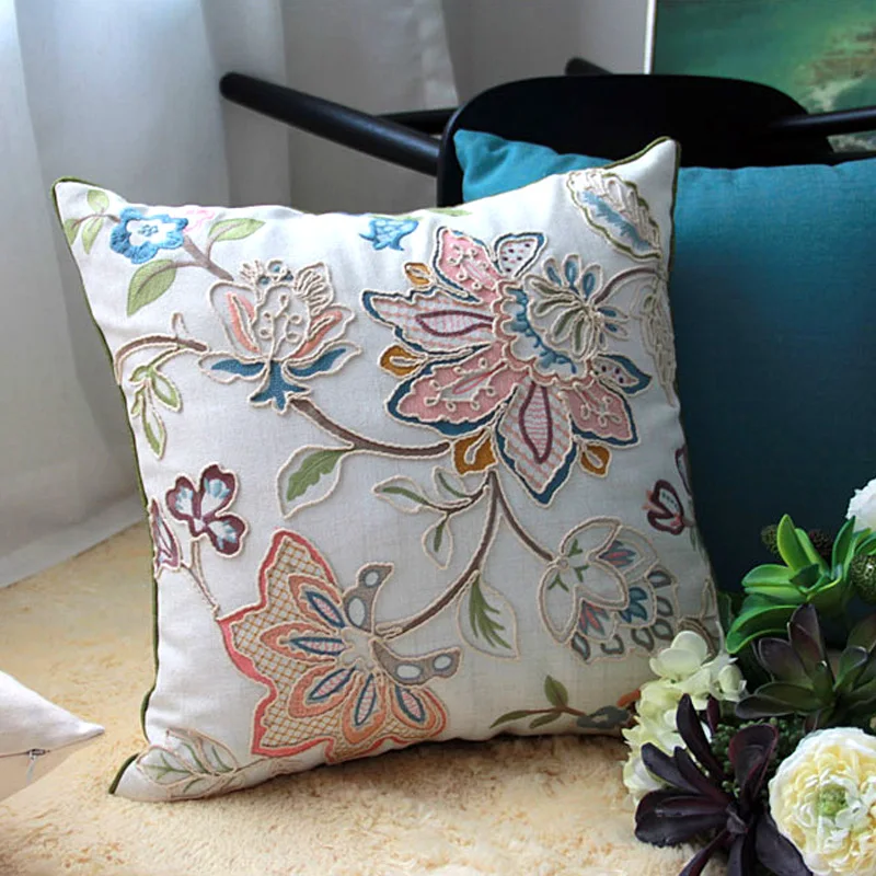 

45x45cm High-end Towel Embroidery Flower Linen Pillow Cover Pink Decorative Pillows Throw Pillow Cases Sofa Farmhouse Home Decor