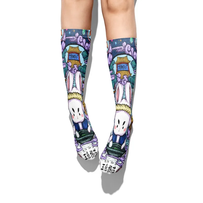 Cartoon Panda Printed Long Socks For Unisex Fashion Harajuku Girls Long Socks Japanese Style Ninja Middle Tube Socks For Female