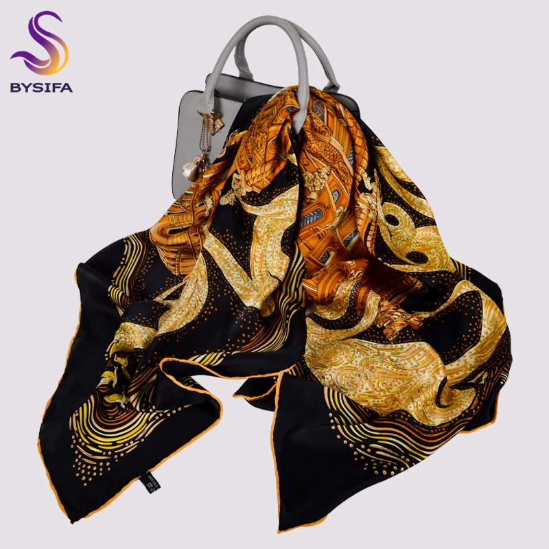 BYSIFA|Black Gold Pure Silk Scarf Shawl Fashion Luxury Square Scarves Printed Winter Spring Women 100% Silk Scarf Shawl105*105cm