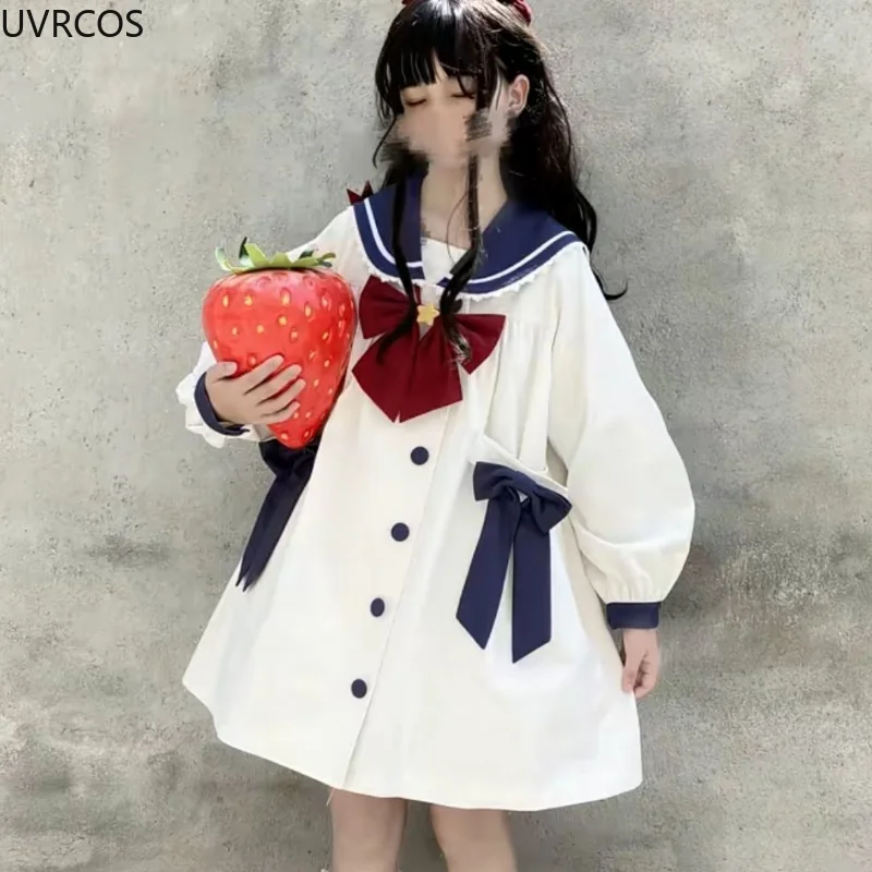 Japanese Preppy Style Women Sweet Lolita Outwear Spring Autumn Kawaii Lace Sailor Collar Bow Loose Jackets Harajuku Girls Coats