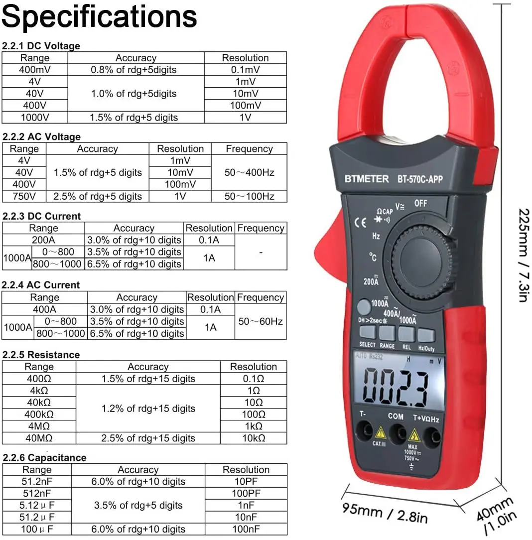 BTMETER BT-570CAPP Digital AC DC Clamp Multimeter Auto-ranging APP Bluetooth Measures Current, Voltage, Resistance, Capacitance