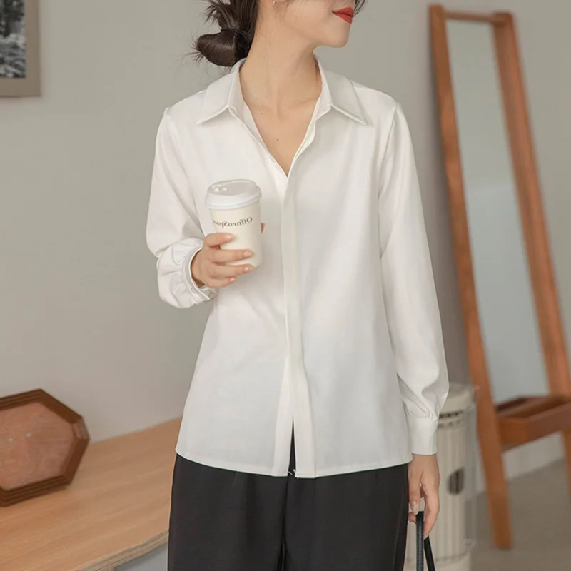 Autumn Women White Shirts Formal Long Sleeve Turn Down Collar Top Solid Business Temperament Black Shirt S-5XL Classic Blouse OL