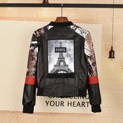 Women Gothic Floral Printed Bomber Jacket Spring Autumn Ladies Short Sheepskin Genuine Leather Jacket Stand Collar Biker Coats